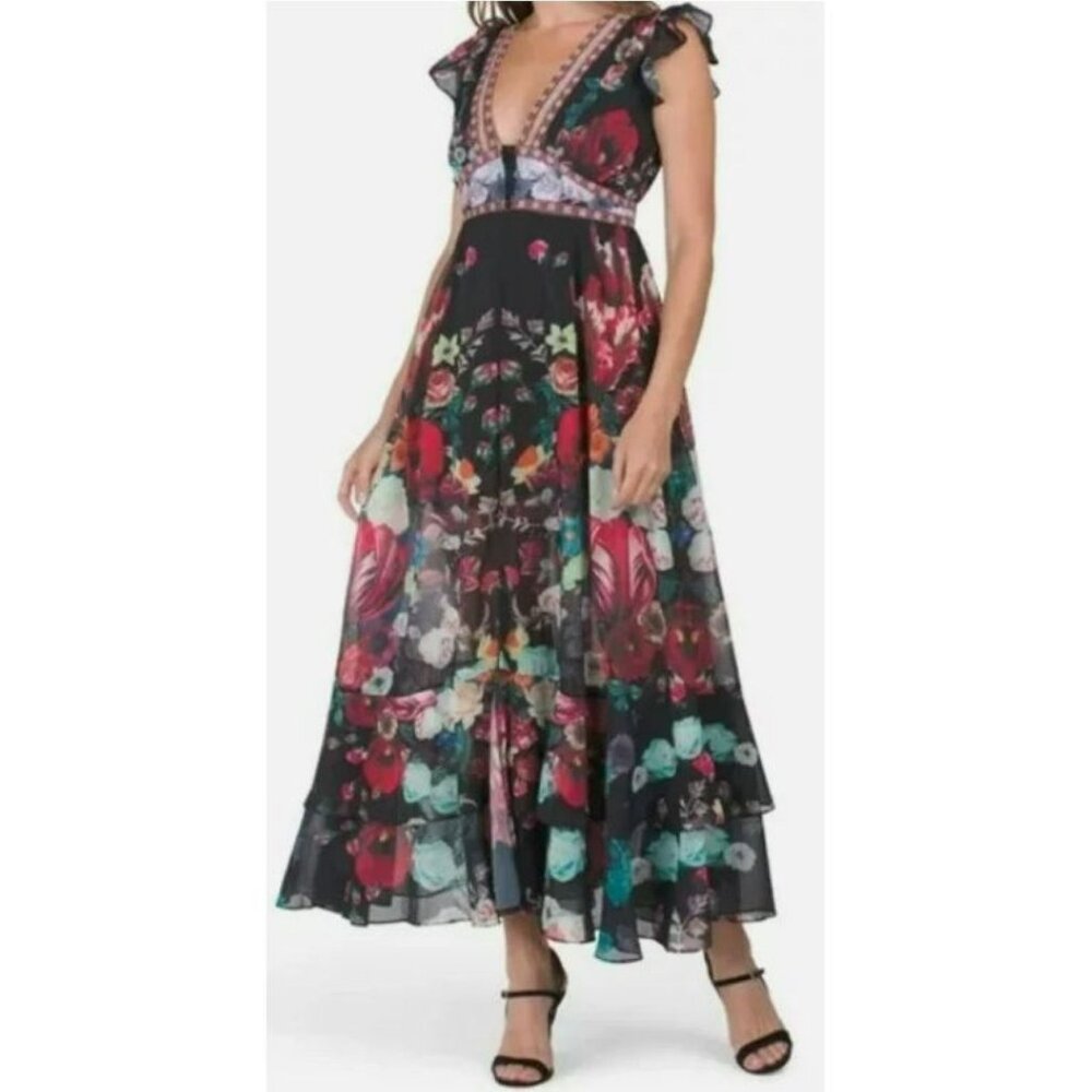Dalia Macphee Black Floral Print Boho Chic Ruffle Hem Maxi Dress SZ M NWT $295